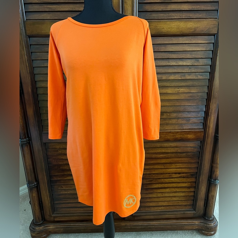 🦊NWT🦊 MICHAEL KORS Womens T-Shirt Mini Dress 3/4 Sleeve Casual Orange Sz Small